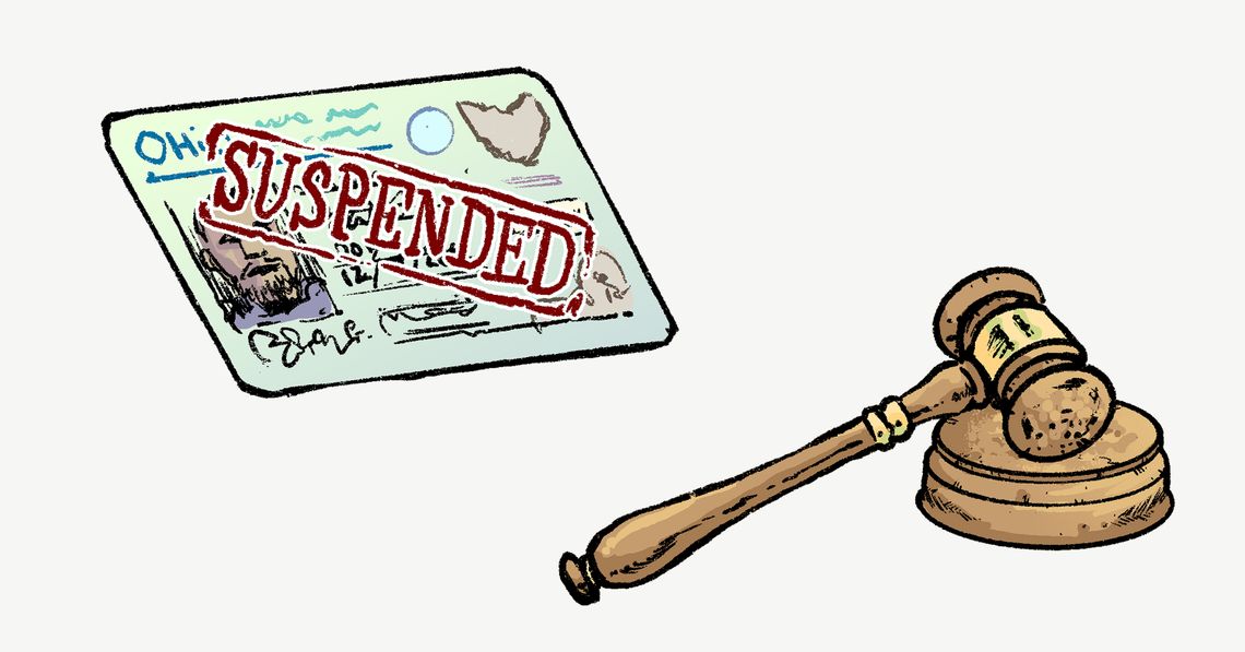 At the top left corner of an illustration, the word “suspended” is stamped in red over a Black man’s Ohio driver’s license. At the bottom right is an illustration of a judge’s brown gavel. 