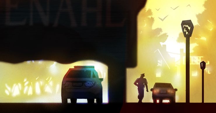 An illustration shows the silhouette of a police officer walking from his car toward another car, with trees, birds and large houses in the background. 