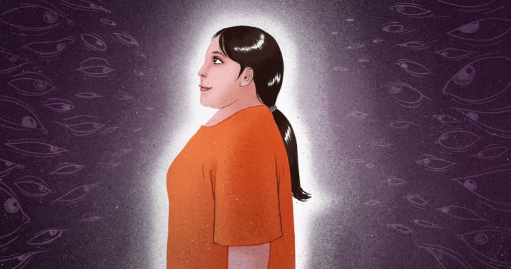 An illustration shows the side profile of a woman with dark brown hair in a ponytail. The woman, wearing an orange shirt, is smiling slightly while looking forward. She is surrounded by the outlines of many eyes. 