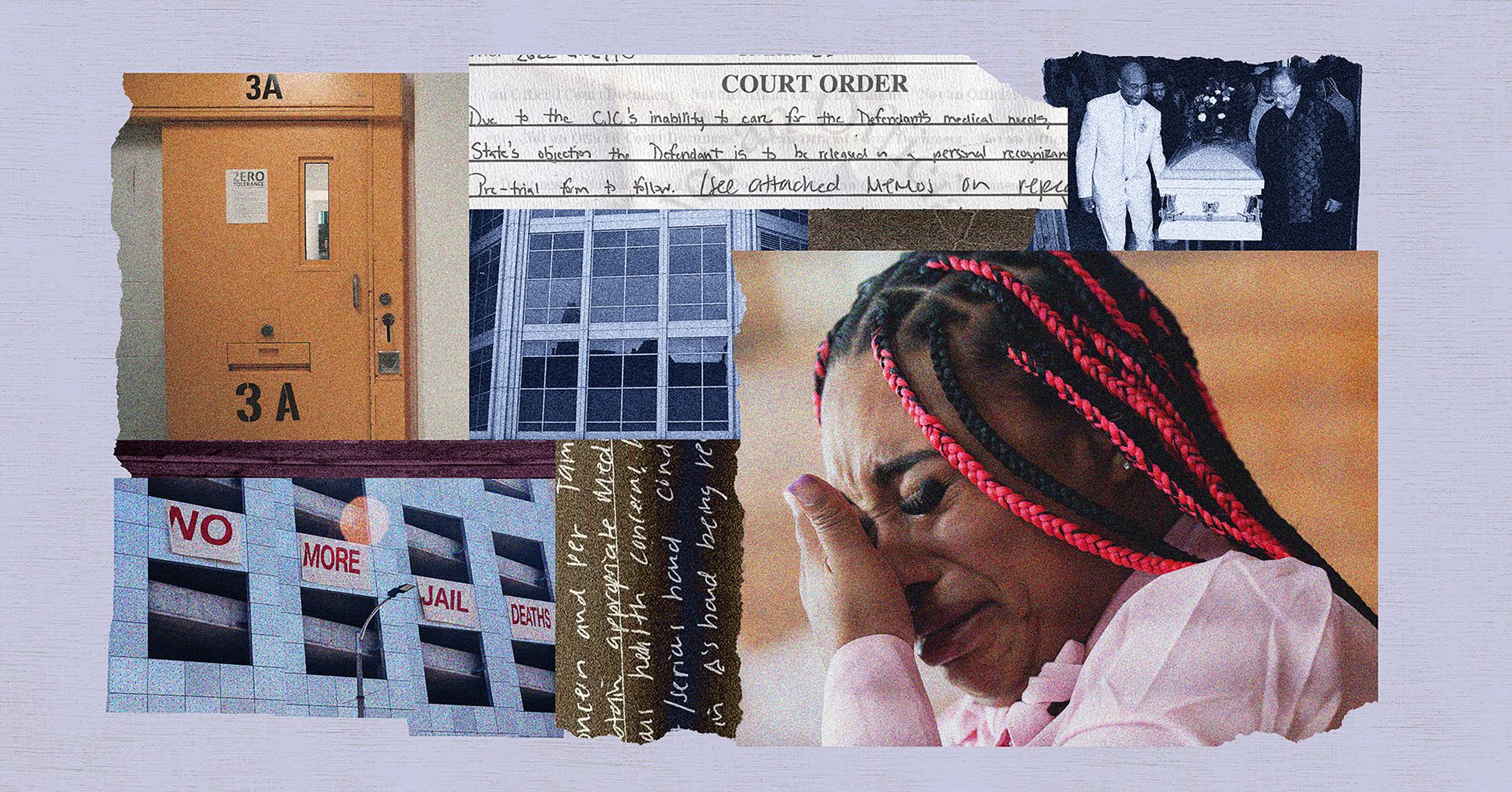 A collage shows images of a jail door, a parking garage with signs that read “No More Jail Deaths,” clippings of legal documents, windows of a jail, two people holding a casket and a Black woman crying.  