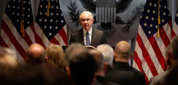 Attorney General Jeff Sessions speaks to federal, state and local law enforcement on Long Island, N.Y., in April, 2017.