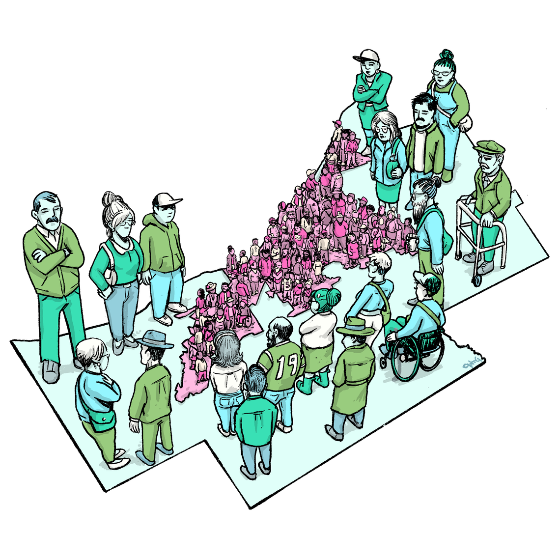 This illustration shows people standing on a map of Cuyahoga County. In the outer suburbs, in tones of green, there are fewer people, and they are mostly Caucasian, but they are much larger than the people standing within the boundaries of the city of Cleveland. There are tiny people standing within the boundaries of the city, in shades of pink. 