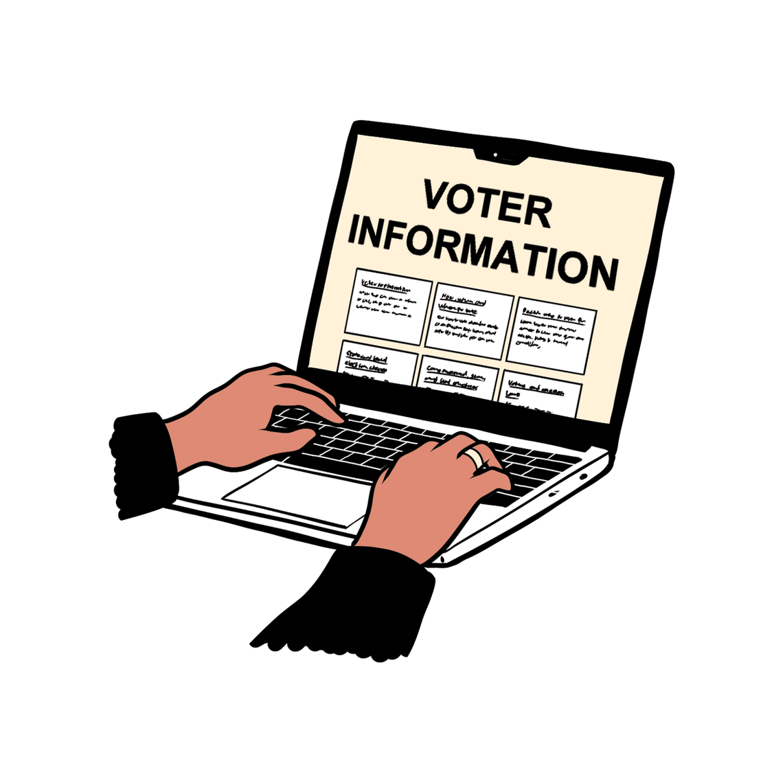 A close up illustration of a person using a computer to look up voter information. 