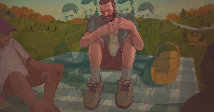 An illustration shows a White man with a beard sitting on a picnic blanket with two people sitting near him.  He is having a flashback to his time as a teen in youth detention, which is visualized as a series of transparent versions of his younger self, next to his adult self.  In the background are small figures of children playing.  