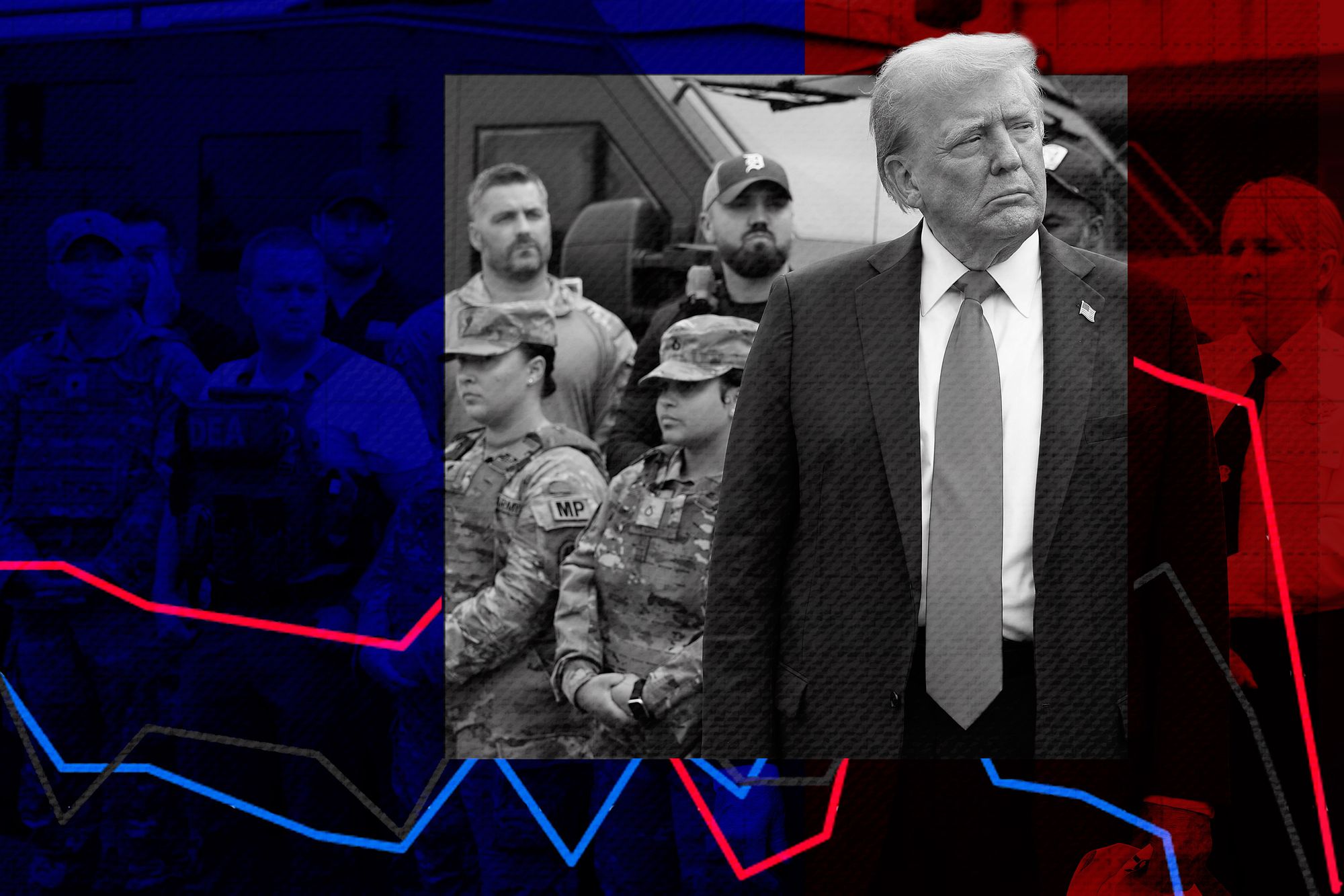 A photo illustration shows a black-and-white, red- and blue-tinted photo of President Donald Trump, a White man in his late 70s with light hair. Trump, wearing a suit and tie, looks to the side while standing in front of federal agents and police officers in uniform.  Red, blue and gray data lines run across the illustration. 