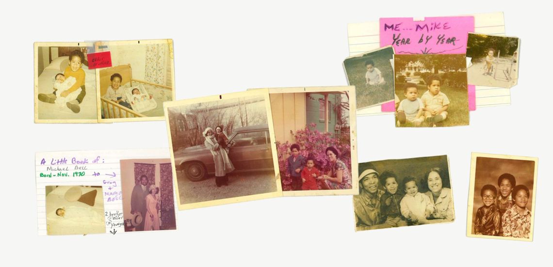 An array of eleven old family photos shows Michael as a baby, photos of Greg Bell, Sr., and Margo Hampton with their sons and Michael with his brothers. 