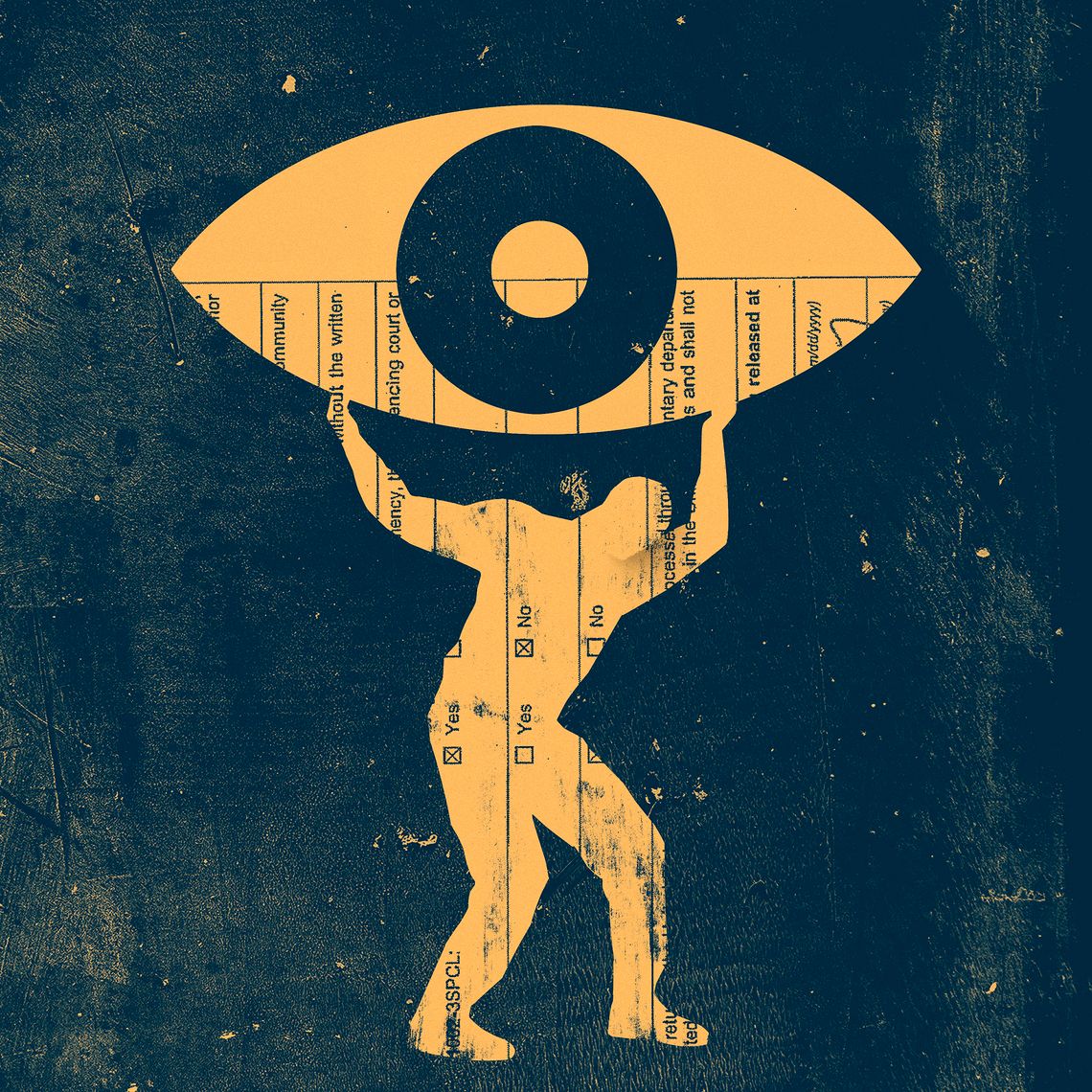 An illustration shows a yellow silhouette hunched over as it lifts a large eye, against a grunge blue and yellow background. 