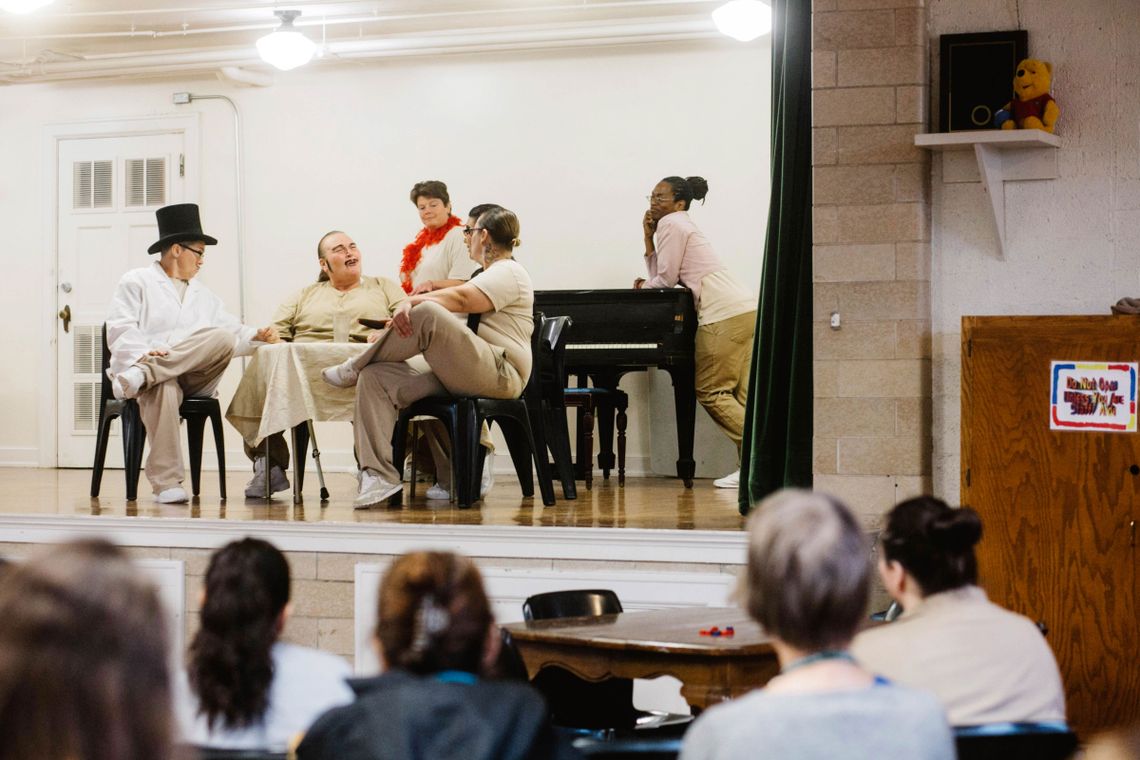 Inmates put on a production at the Indiana Women’s Prison of &#8220;The Duchess of Stringtown,” a play co-written by Michelle Jones, standing at right on stage. It is slated to open at the Phoenix Theatre in Indianapolis in December.
