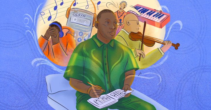 A Black man wearing a green shirt and pants against a blue background sits with a notebook in his hand. Behind him, from left to right, a man in orange wears blue headphones covers his face, a woman with blonde hair sings, and a person in olive green plays the violin. There is also a gray Walkman with orange headphones on the left and an orange keyboard on the right. 