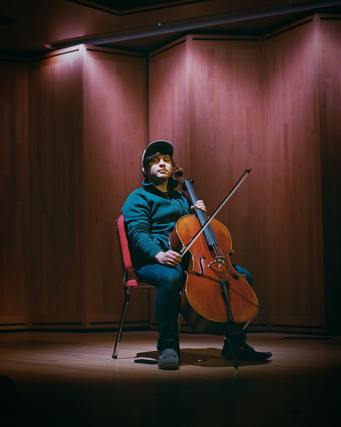 Jaime with his cello at the University of Alaska Anchorage's Recital Hall in April 2021. 