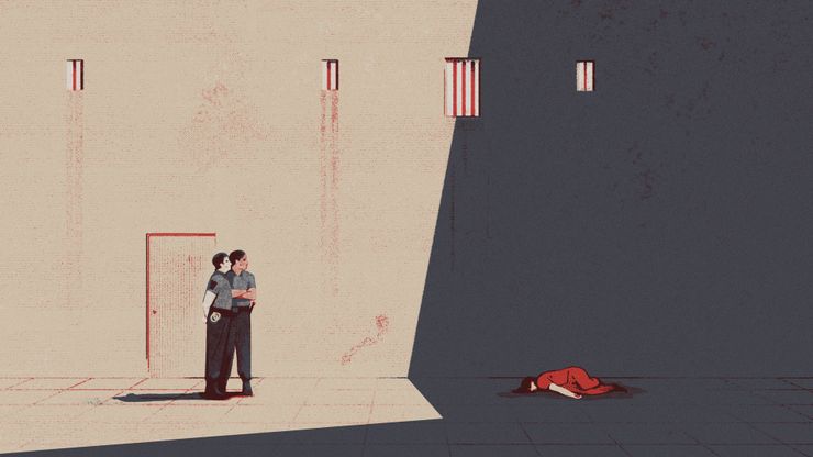 An illustration depicts two correctional officers dressed in gray shirts and black pants standing in front of a beige wall with barred windows high above them. At a distance in shadows lies the body of an incarcerated person wearing an orange prison jumpsuit crumpled on the floor.