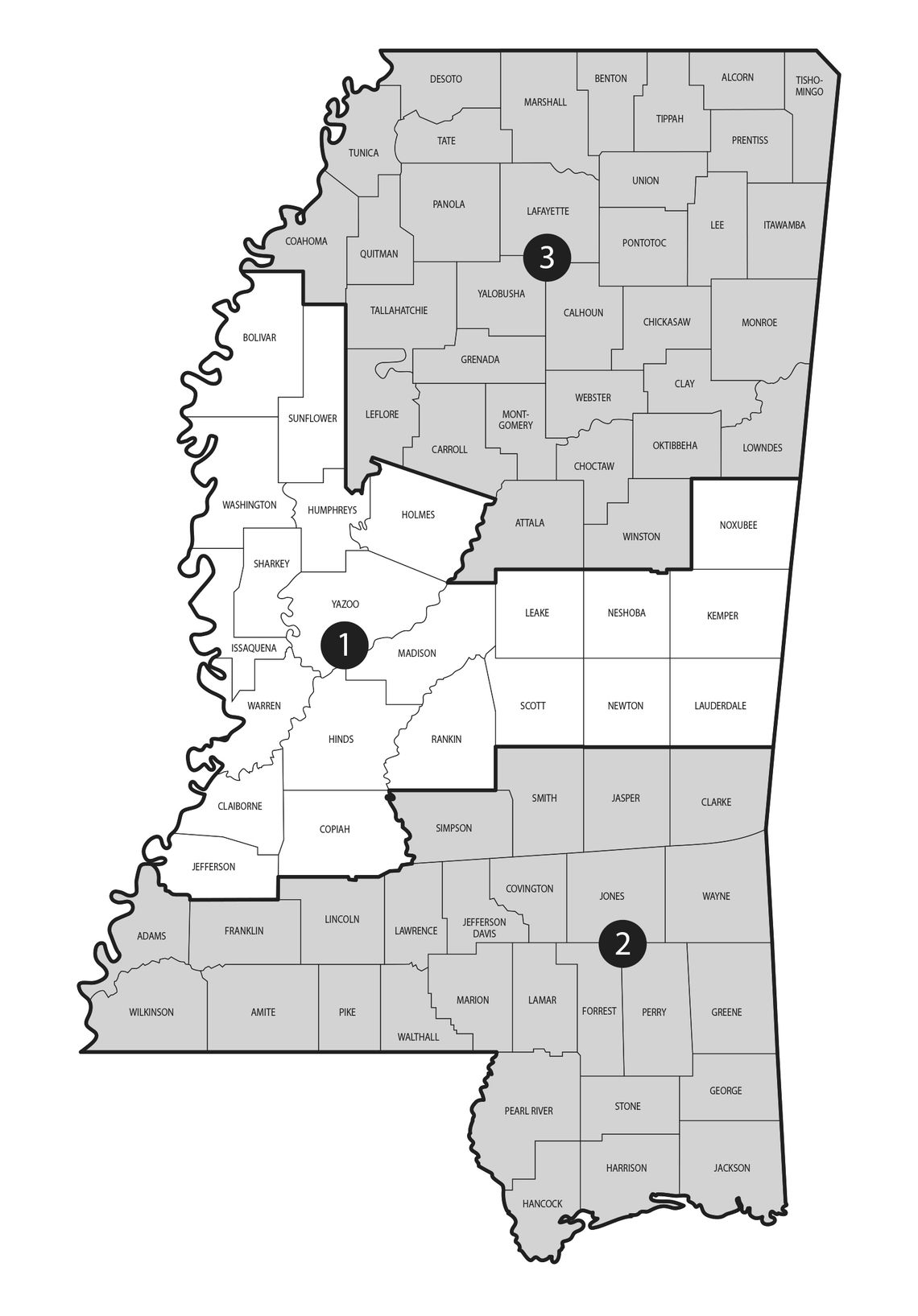 This map shows the voting districts used in Mississippi Supreme Court elections. The districts roughly correspond to the northern, central and southern regions of the state.