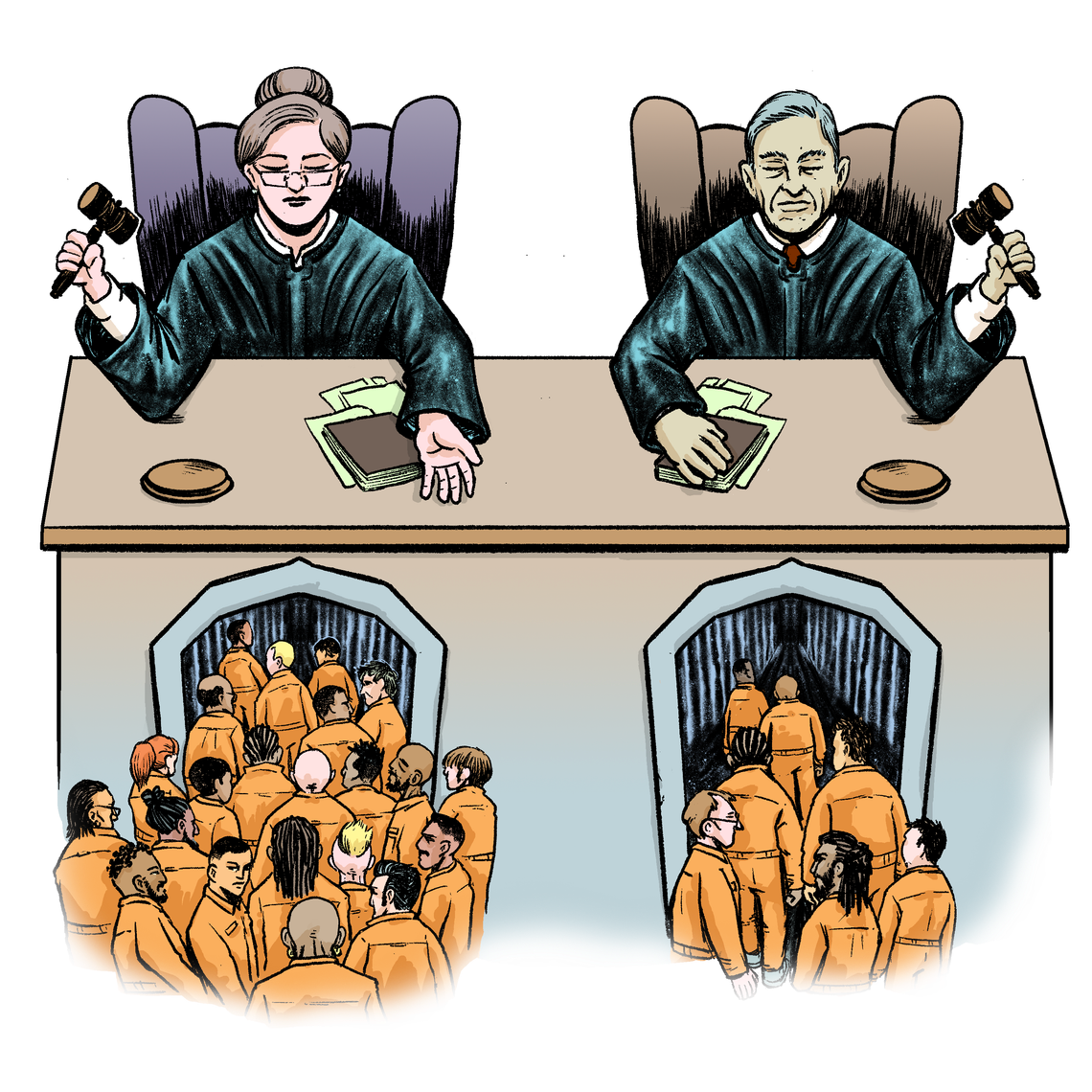 An illustration shows two judges, holding gavels, sitting at a desk. Beneath the judge on the left, a large group of people in orange jumpsuits are being sent to prison through a portal. Beneath the judge on the right is a smaller number of people being sent to prison through a portal. 