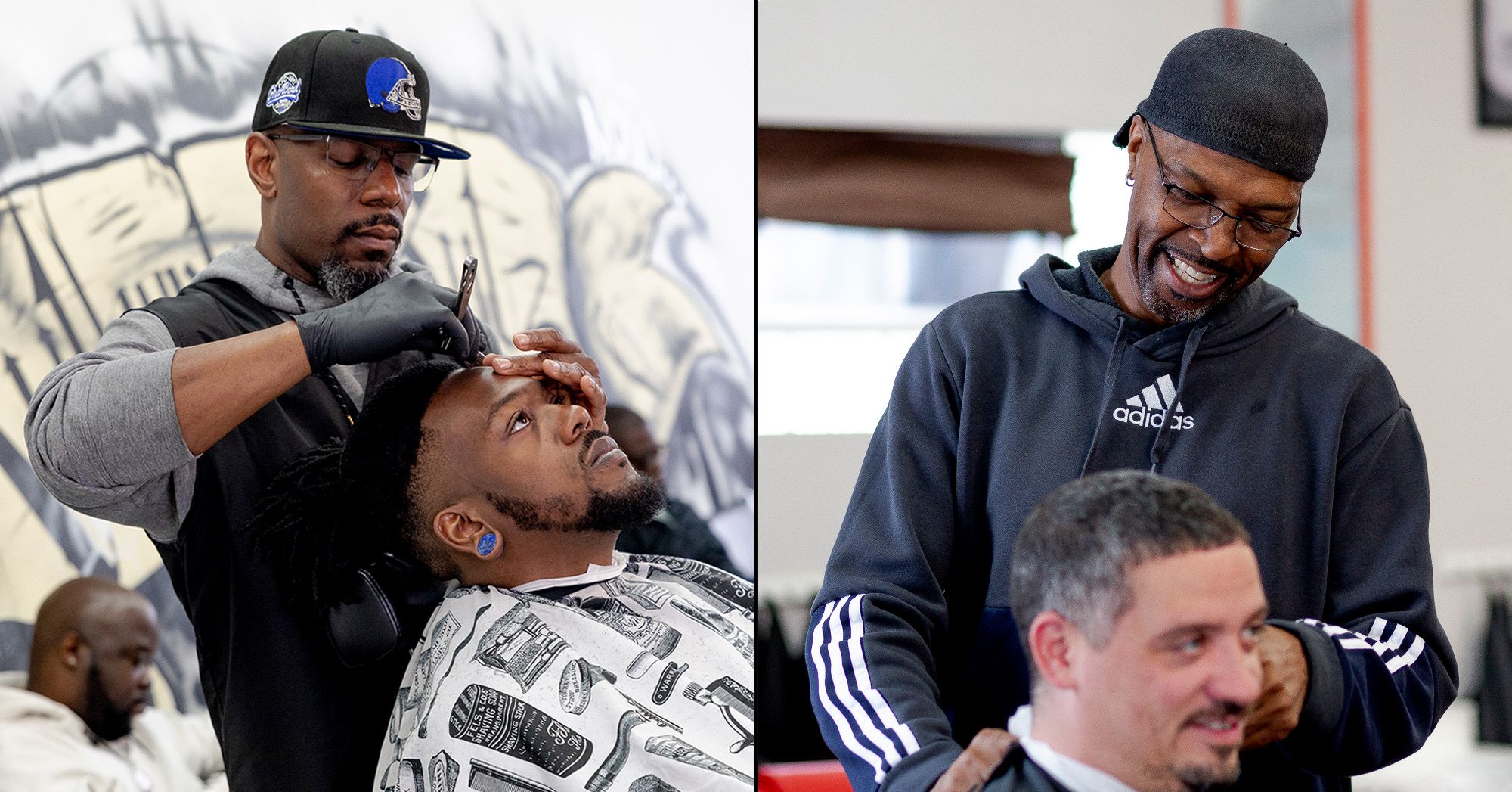 Two separate images show two Black barbers cutting hair of their clients. 