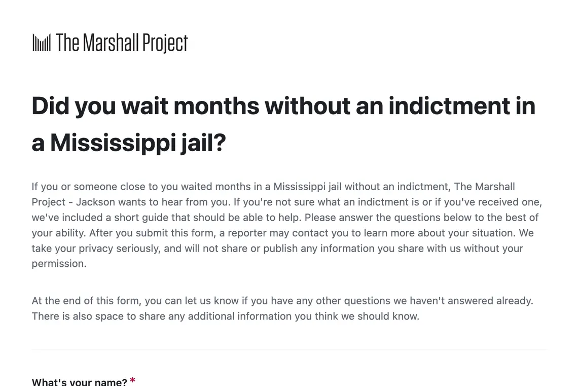 Were you, or someone you know, waiting in jail for months without an indictment? [Tell us about your experience in this form](https://airtable.com/appbsDMWyBG50OykC/pagmLkjCDCY5aG3Fc/form).
