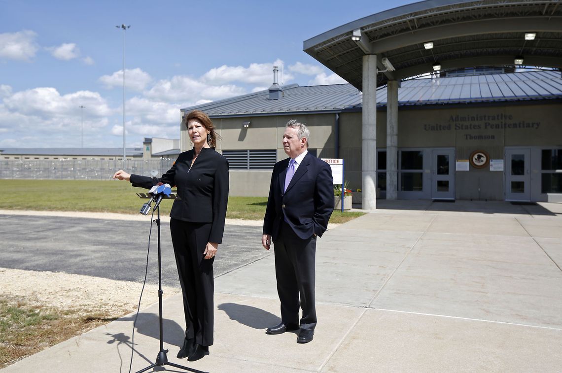 U.S. Representative Cheri Bustos and Senator Dick Durbin speak in front of the Thomson prison complex.