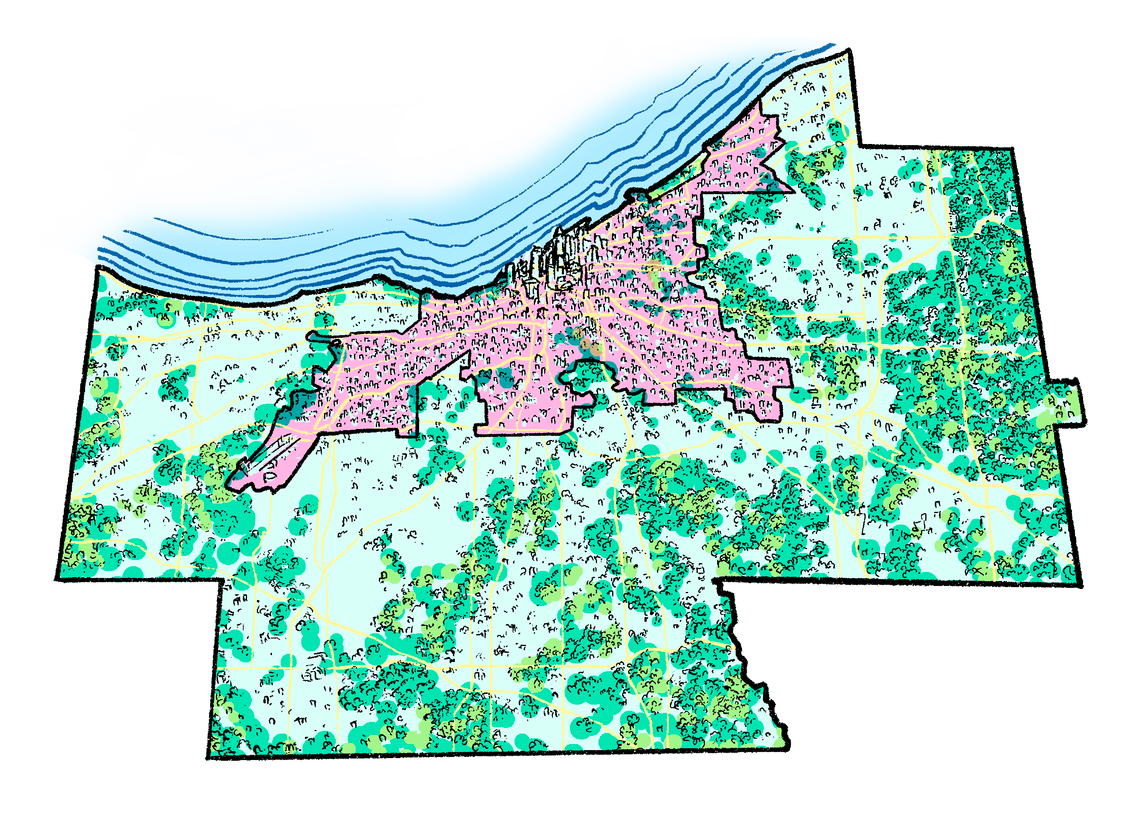 An illustrated map of Cuyahoga County is green where the suburbs are, with a pink section in the North part that shows the boundaries of the city of Cleveland. 