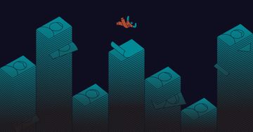 An illustration shows a person in an orange prison uniform falling into a tall stack of teal colored papers. Several stacks of teal colored papers with headshots on them are in the background. 

