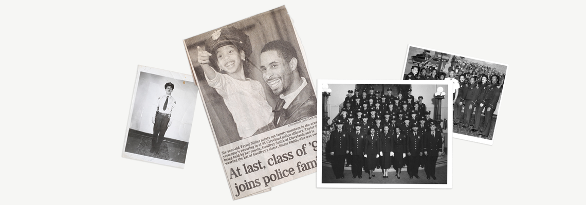 From left, the author’s great-uncle Lloyd Scott in his police uniform; a newspaper clipping showing the author’s cousin and brother at the police academy graduation of his sister, Satari Smith; a photo of the police academy class of the author’s great-uncle Curtis Scott and future Shield Club President Fred Johnson; a photo of Johnson with several new officers. 