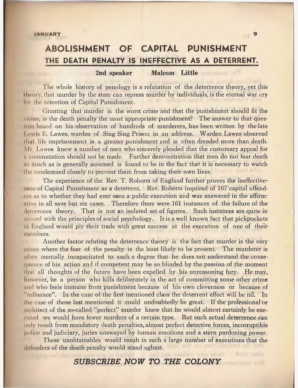 “The Abolishment of Capitol Punishment,” as it appeared in the January 1950 edition of the prison paper The Colony. 