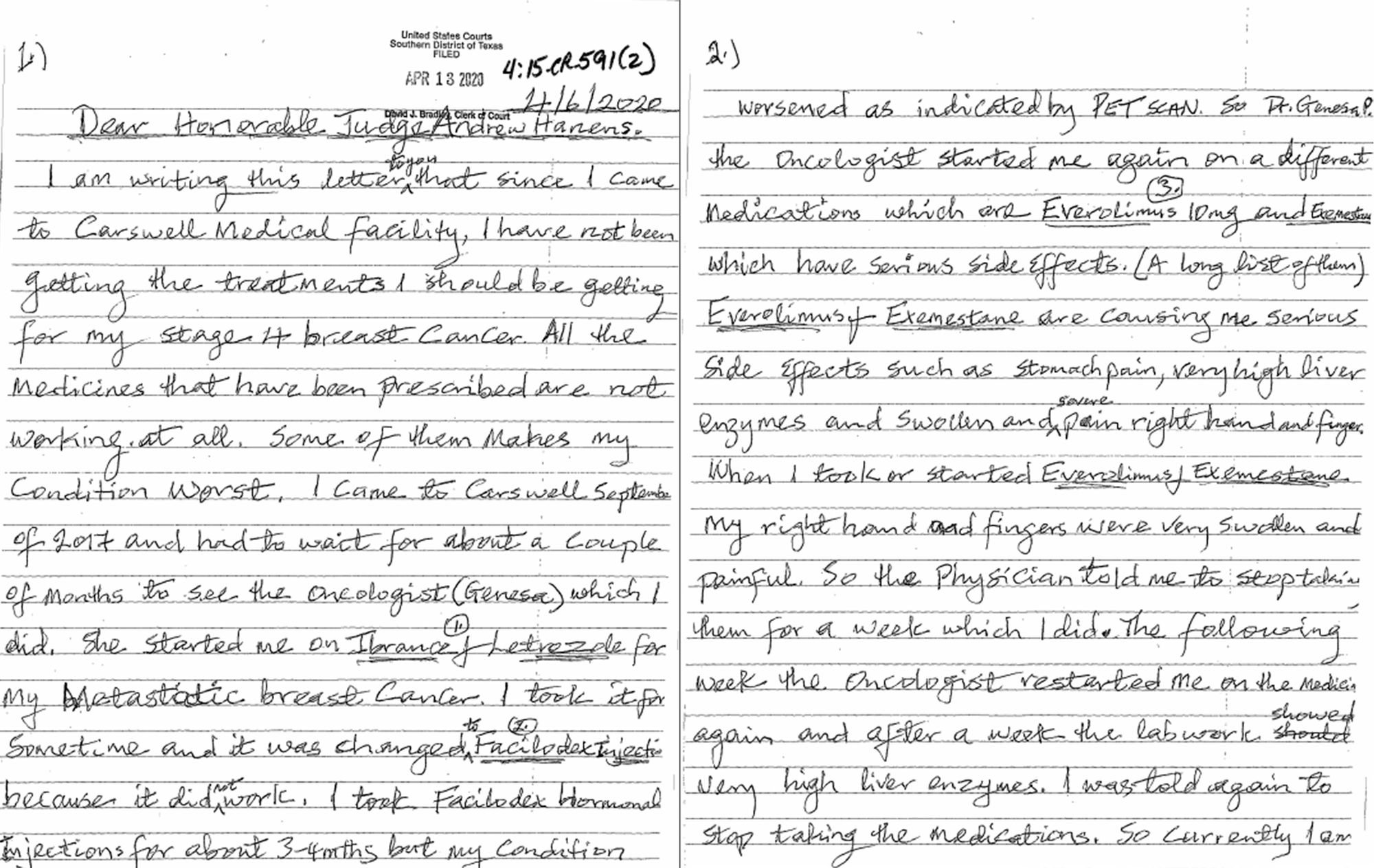 From the Carswell prison, Marie Neba wrote letters to U.S. District Court Judge Andrew Hanen complaining about poor medical care and her worsening health as the pandemic continued.